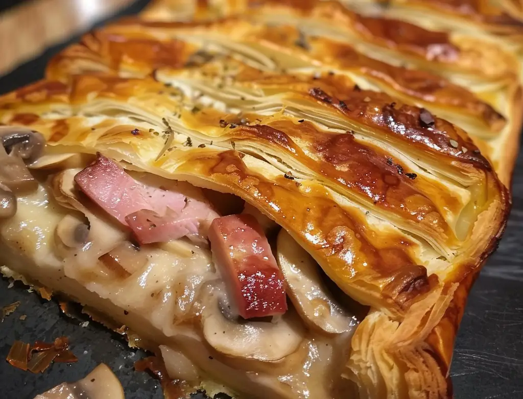 Feuilleté Croustillant Aux Champignons et Jambon, Sauce Crémée