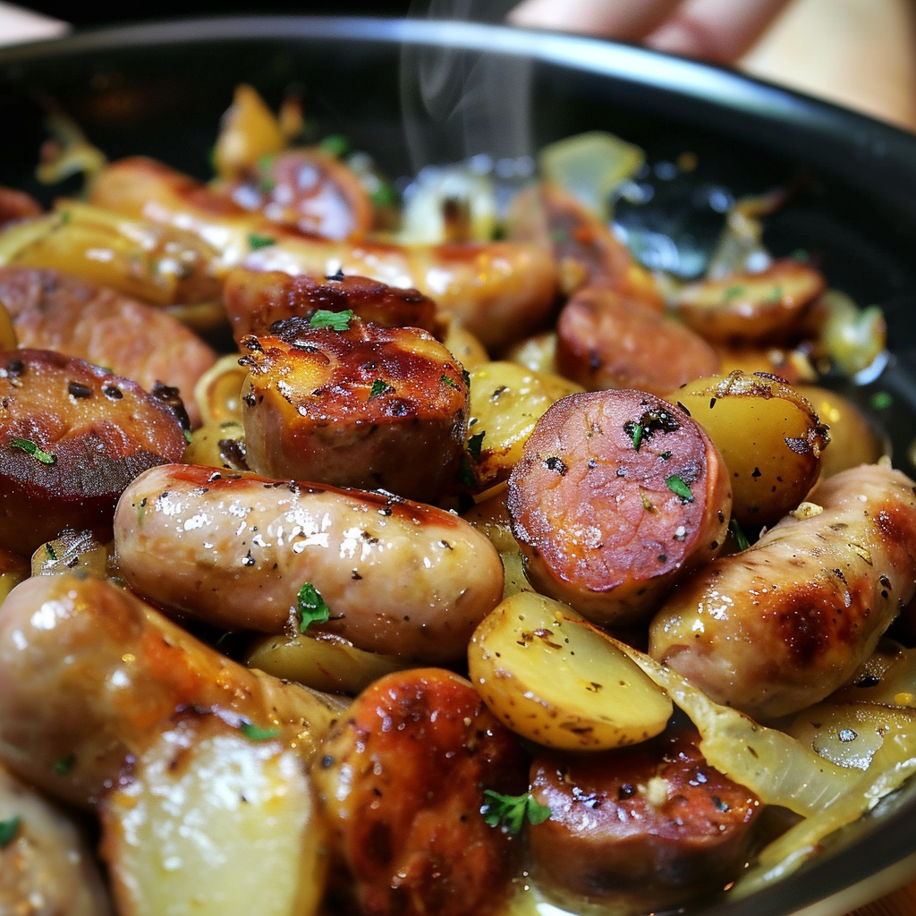 Saucisses Fumées, Pommes de Terre et Champignons 