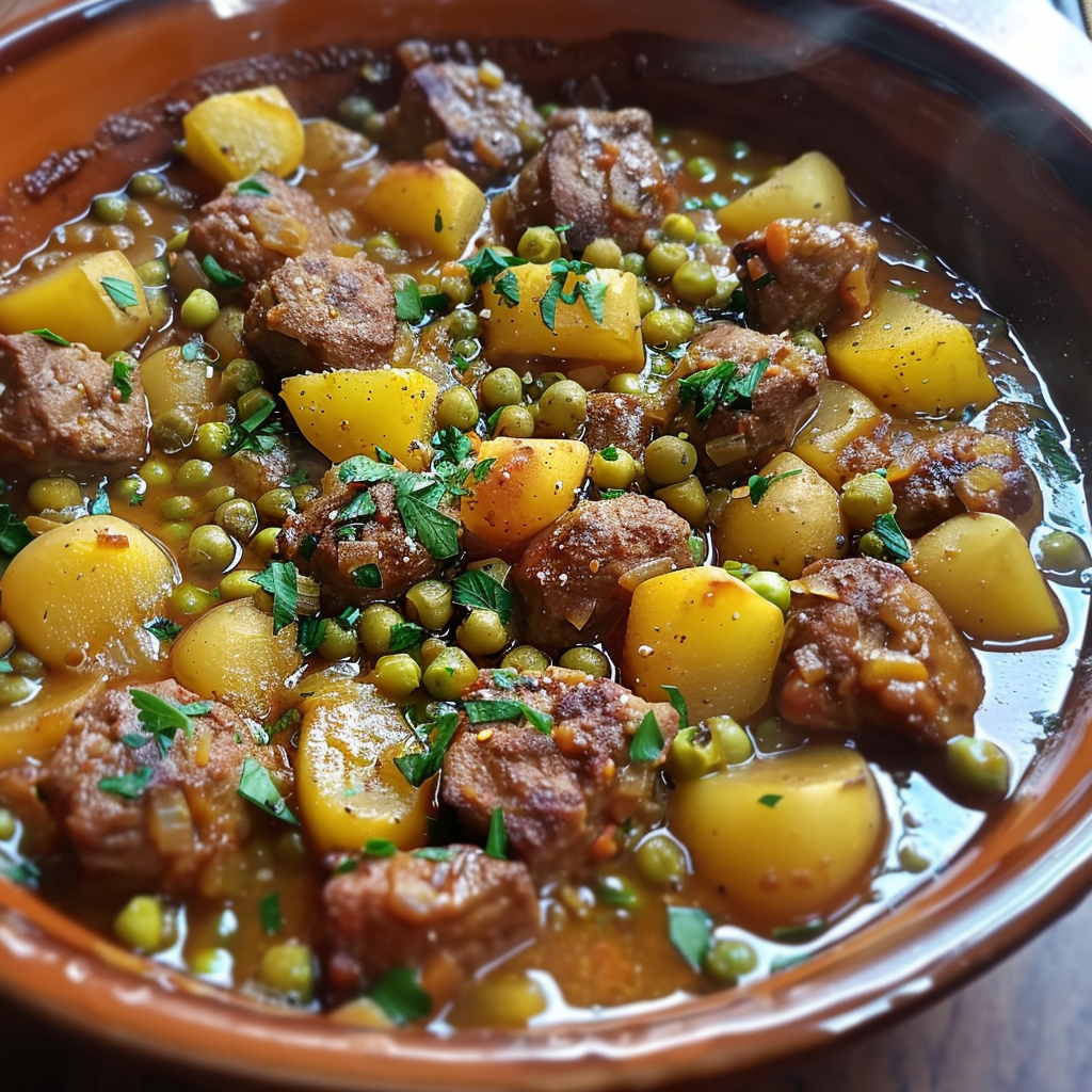 Tajine de Viande Hachée, Petits Pois et Pommes de Terre