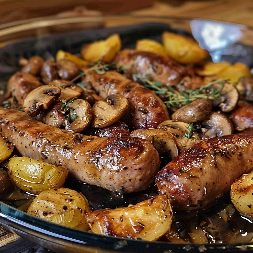 Saucisses, Champignons et Pommes de Terre au Four